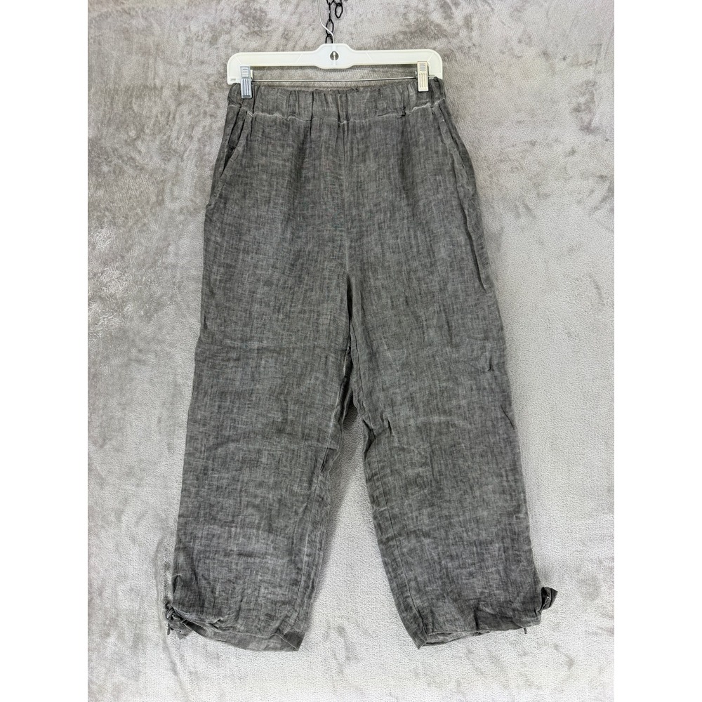 Meo Meli Italy Linen Wide Leg Pants Grey Elastic Waist Tie Hem High Rise 2365